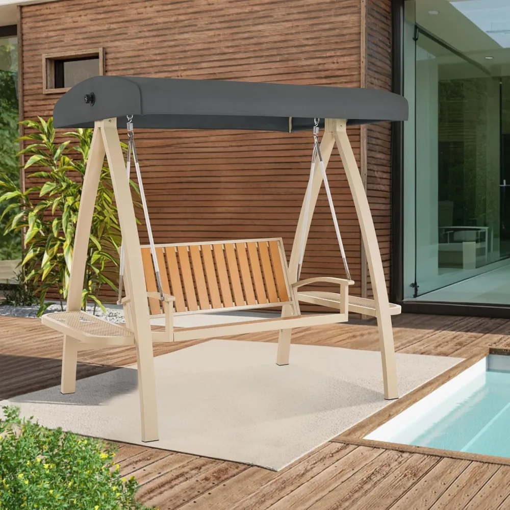 Factory Direct 2026 Two Person Patio Swing, Luxury Outdoor Porch Chair, Wooden Finish Coated Seat, For Garden Balcony Poolside