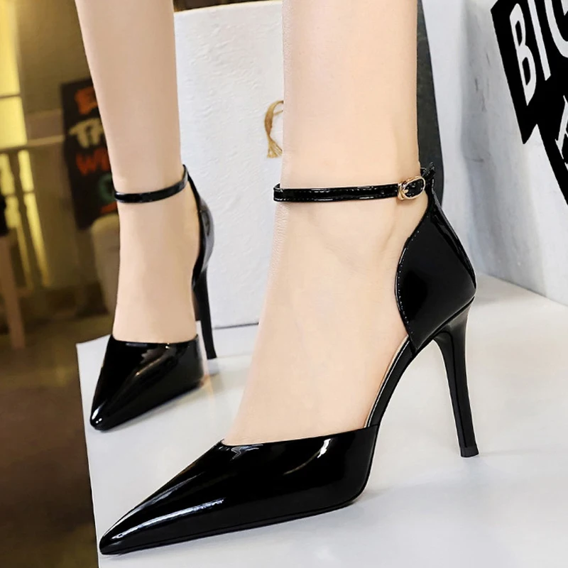 Large Size 43 Women Sandals Patent Leather High Heels Women Summer Shoes Hollow Out One Line Sandals With Strap Stilettos Pumps