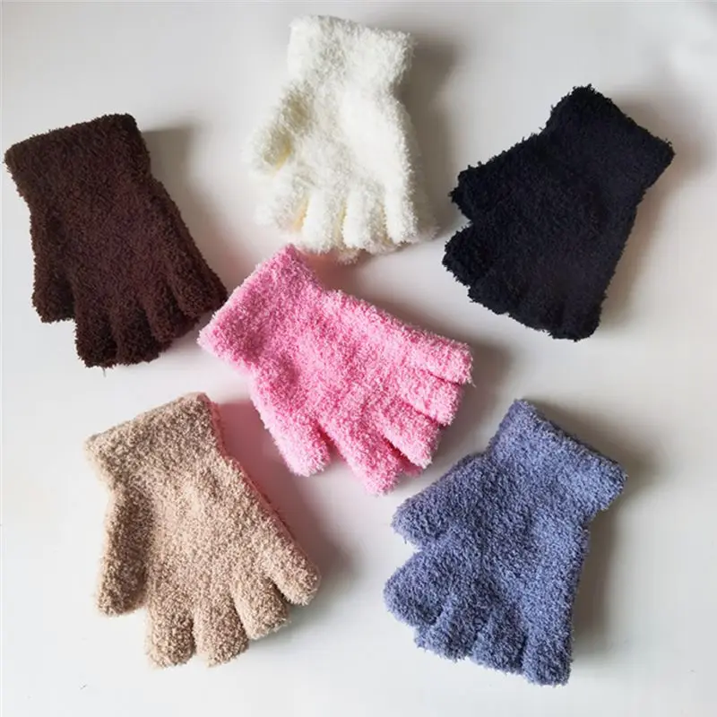 Thermal Coral Fleece Fingerless Gloves For Women Men Winter Warm Cycling Writing Knitted Gloves Plush Half Finger Mittens