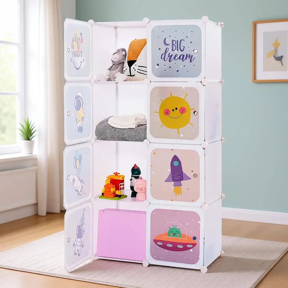 

Portable Kids' Wardrobe with 8 Cubes and 2 Hanging Sections for Nursery and Bedroom Storage