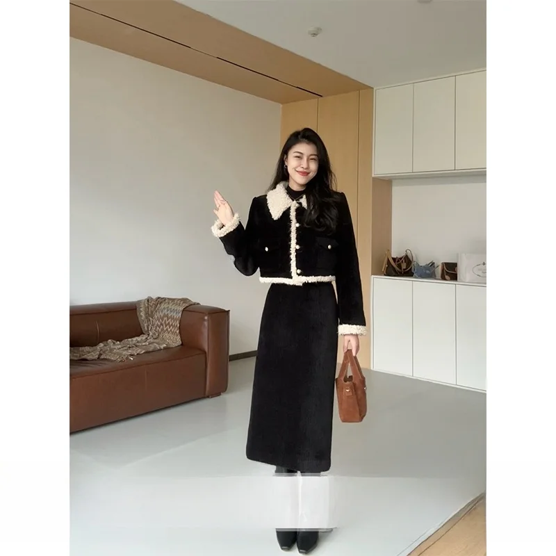 

Zhang a Xing Heben Little Fraance Thi Plu Collar Splicing Jaet Bla f Skirt Set Women's Winter Faion Outerwear