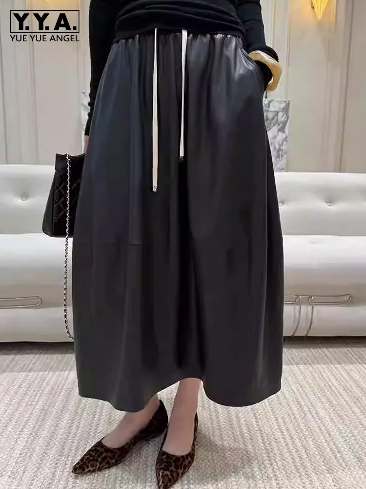 High Quality Women Mid Calf Long Lantern Skirt Vintage Ladies Loose Fit Elastic Waist Natural Sheepskin Genuine Leather Skirt