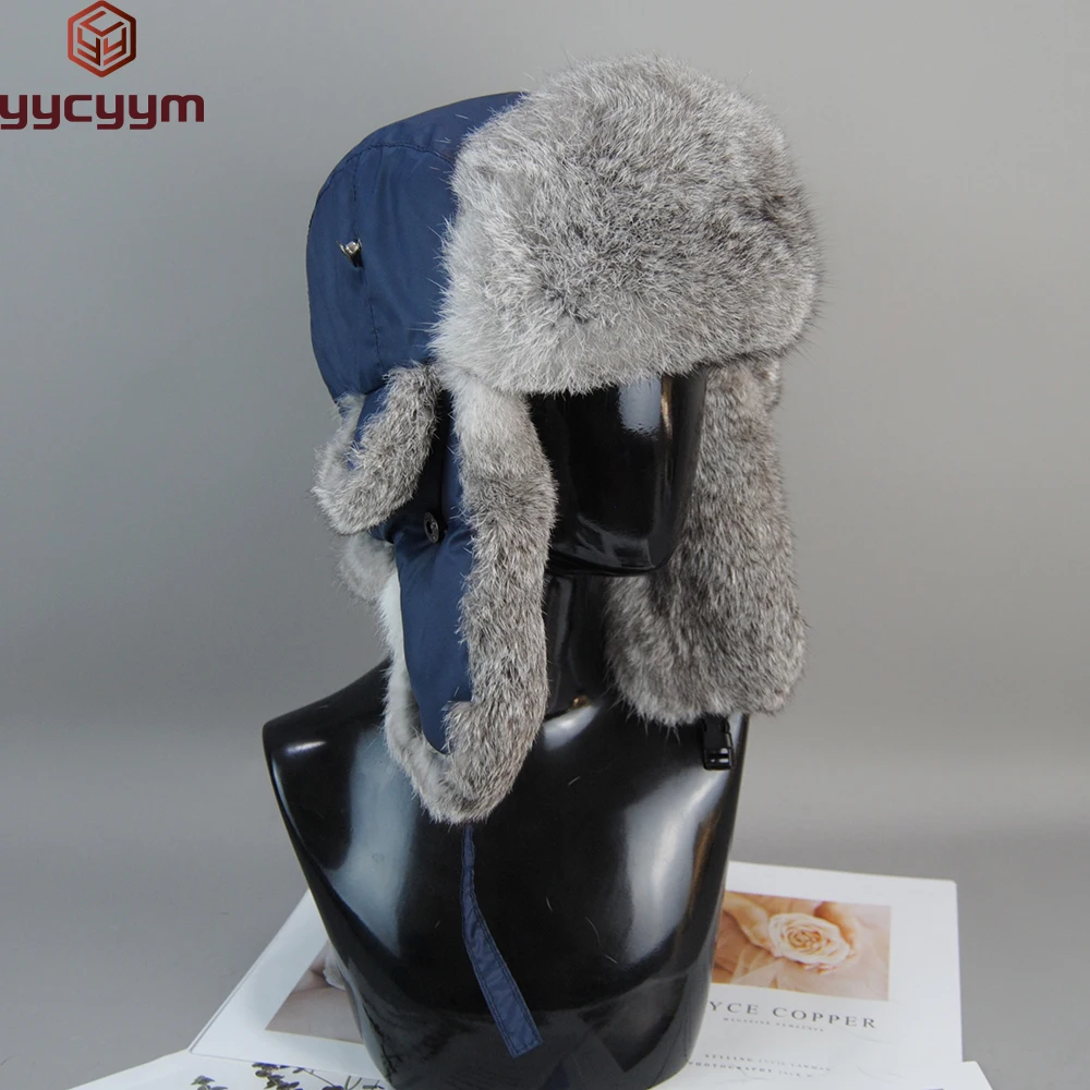 New Russia Winter Real fur Hat Men Outdoor Windproof Super Warm Real Rabbit Fur Bomber Hats Natural Soft Natural Rabbit Fur Caps