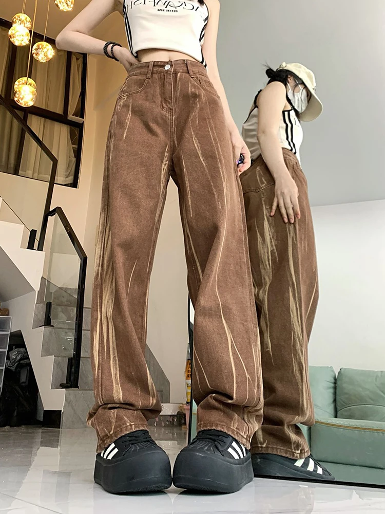 التعادل صبغ ريترو براون الجينز النساء عالية الخصر الشارع الشهير Y2k الدنيم السراويل الأمريكية فضفاضة سيدة عادية خمر Harajuku بنطلون