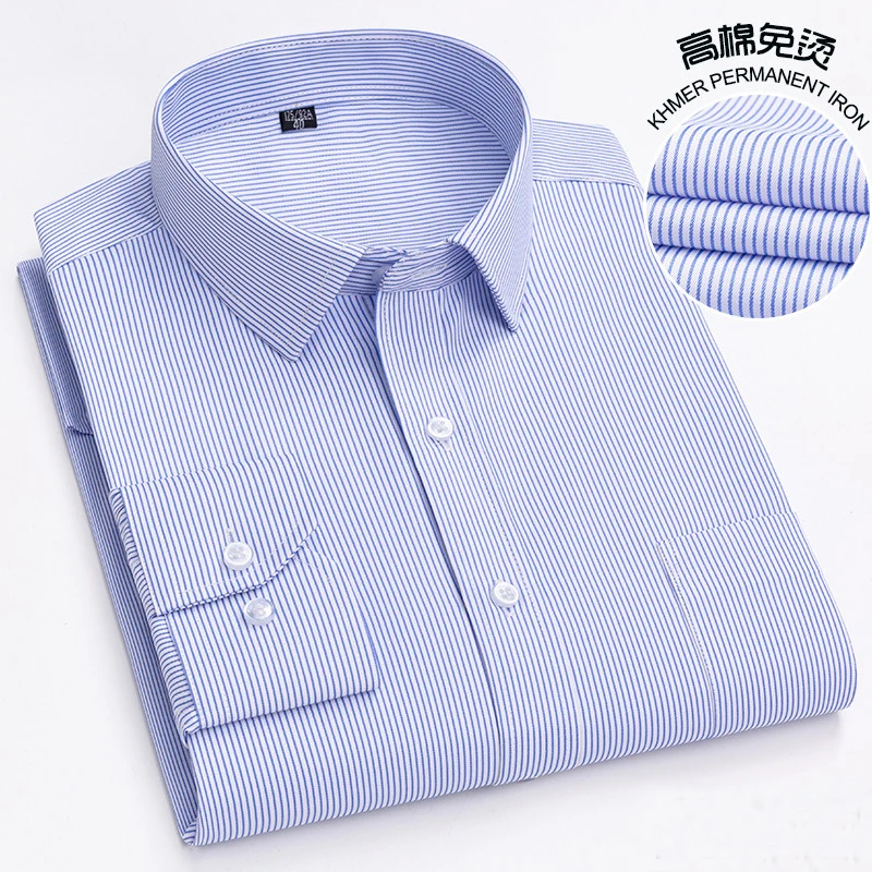 High count cotton striped plaid spring and autumn business casual long sleeved men's shirt with no iron and slim fitting fashion