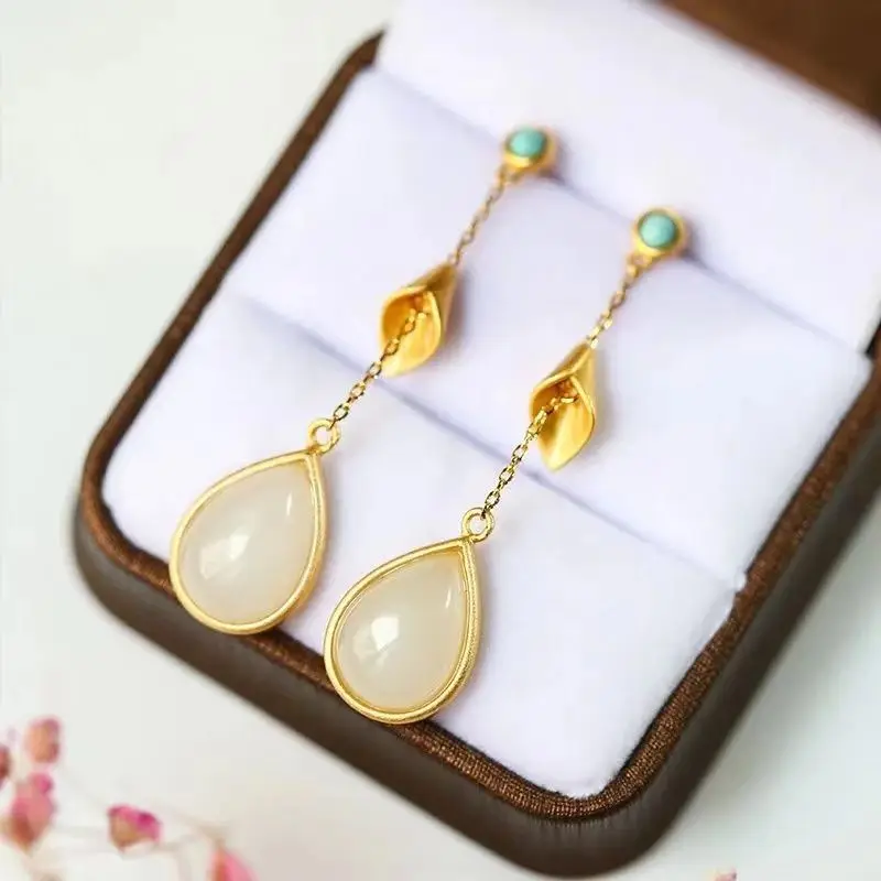 QEENKISS 24KT Gold Vintage Water Drop Stud Earrings For Women Fine Wholesale Jewelry Wedding Party Bride Lady Mother Gift EG5242
