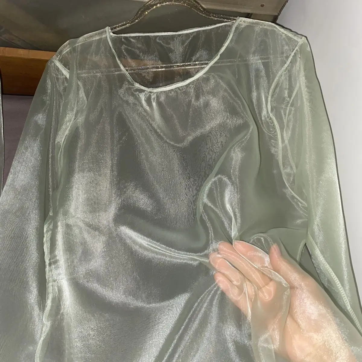 Thin Plastic Seamless See Through Women Men 2 Pieces Set Glossy Sleeping Plus Size Top Pants