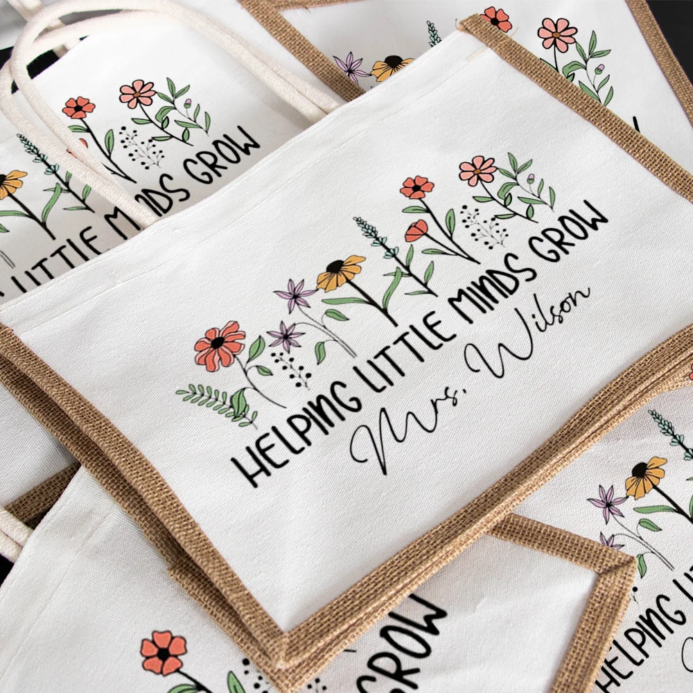 

1pcs Personalized Name Helping Little Minds Grow Canvas Tote Bag Whith Floral Custom Back To School & Appreciation Decorate Gift