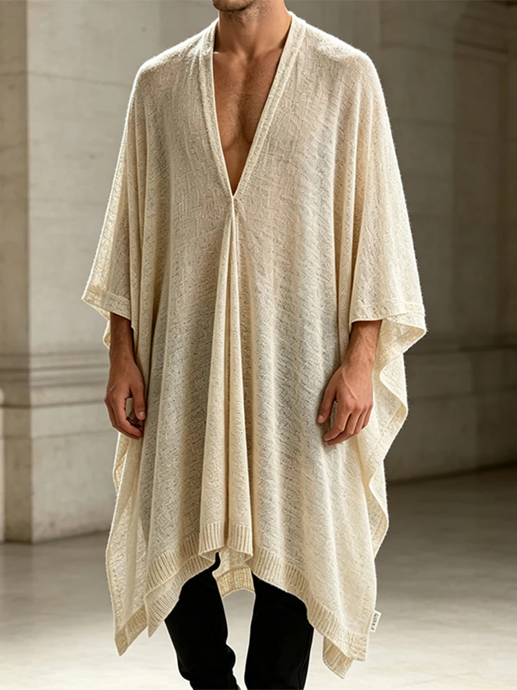 Mens Vintage Knit Cover-up Trendy Leisure Solid Color Breath Loose Deep V Neck Cloaks Summer Casual Ice Silk Mesh Cardigans