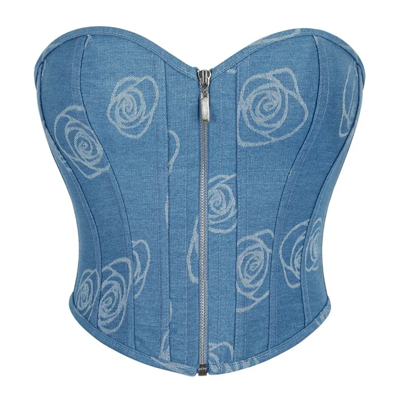 

Sexy Off Shoulder Bustier Fashion Floral Print Denim Corset Crop Top Zipper Sleeveless Corsets Women Summer Party Streetwear