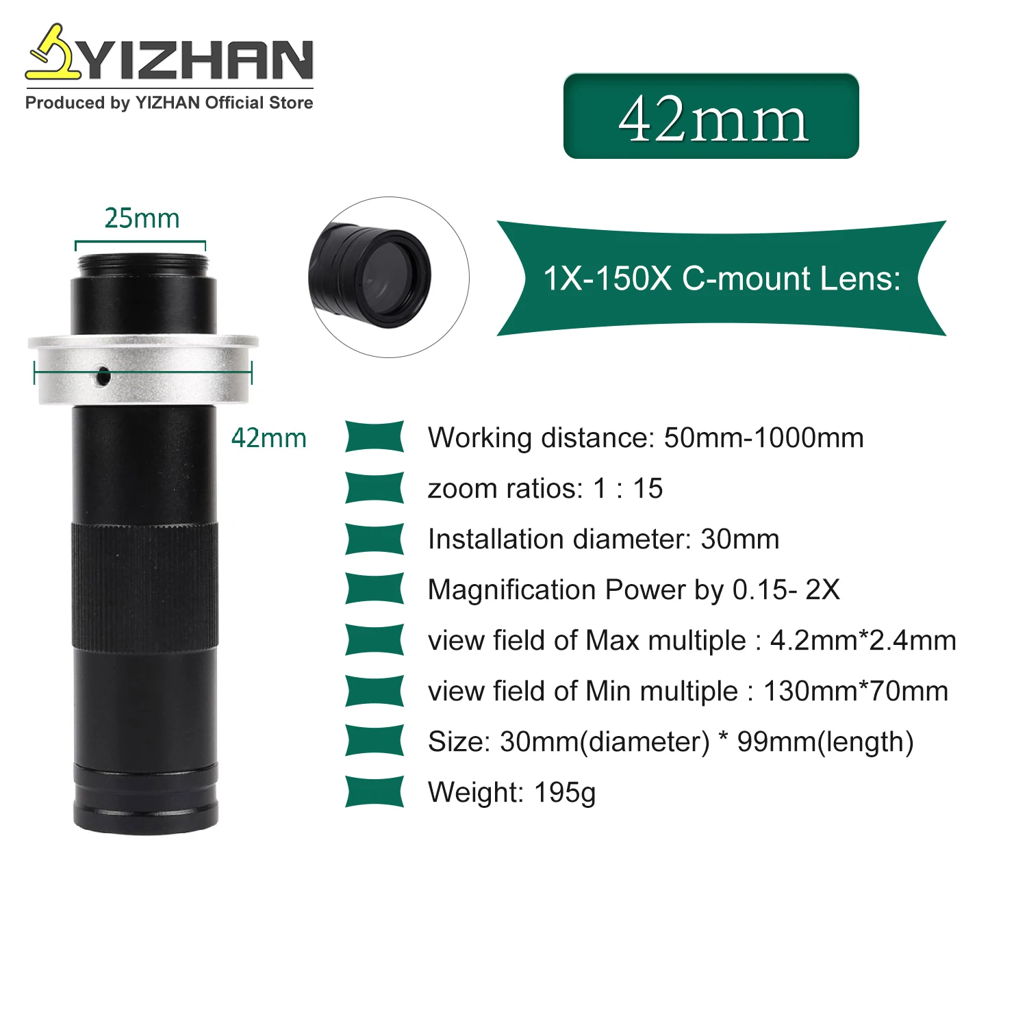 YIZHAN 215x 180x 150x Lens 0.7X~4.5X Adjustable Magnification  Industry Microscope Lens Multiples CS C-MOUNT For HDMI USB Camera