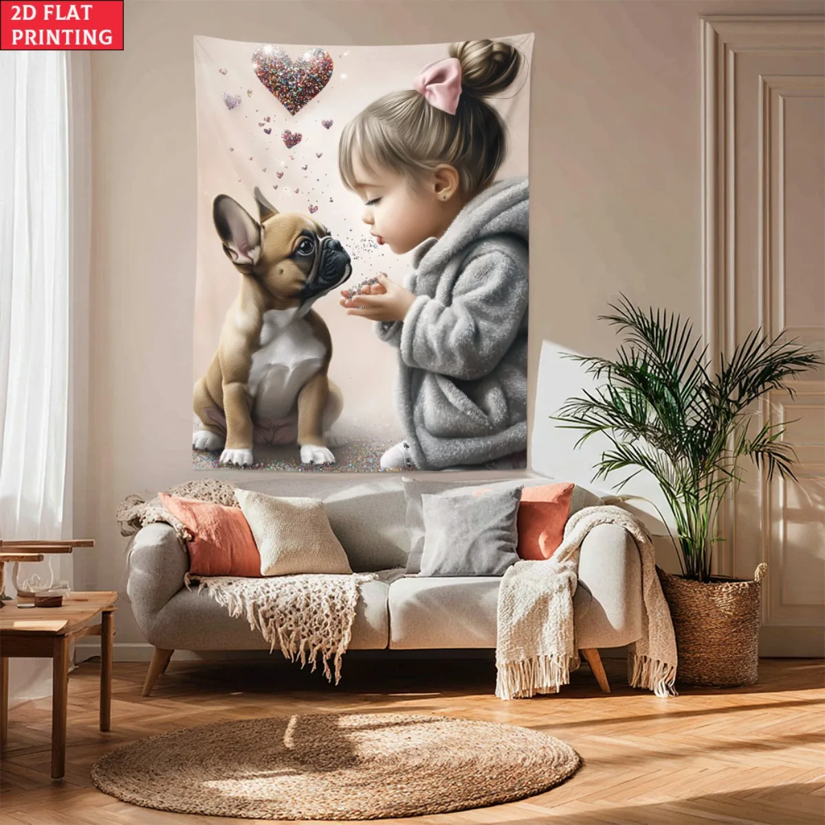 Girl with french bulldog puppy heart love tapestry cute pet art bedroom wall decor children room nursery baby gift