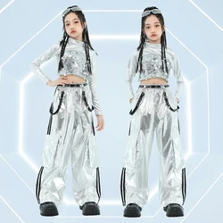 Kids Clothing Jazz Dance Silver Sequin Suit Tops Cargo Pants Hip-hop Suit Street Dance Clothes Catwalk Show Costumes DQL9583