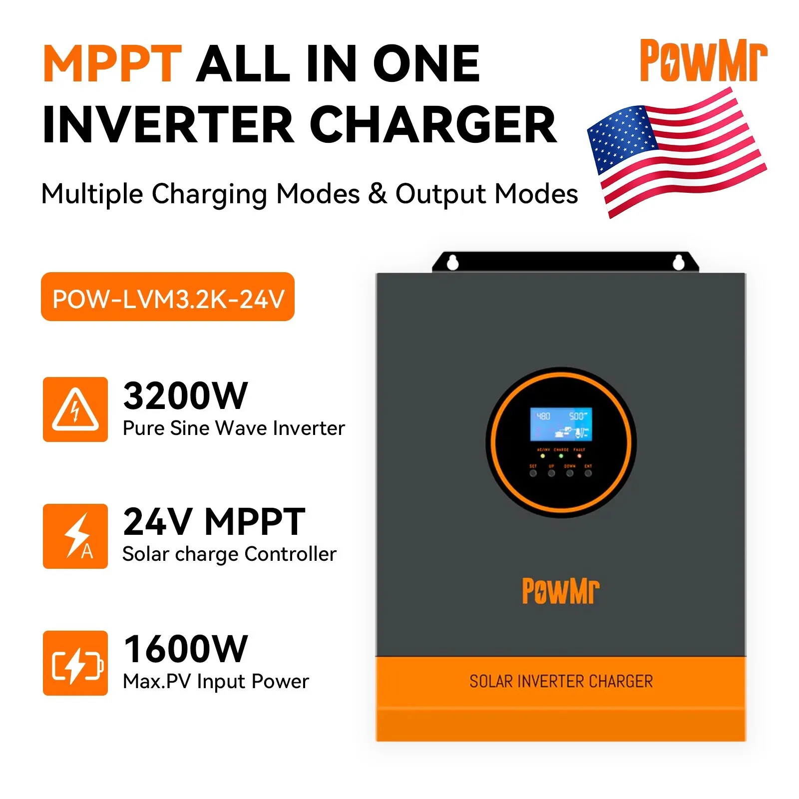 

PowMr 3200W 24V Solar Hybrid Inverter Off Grid 110/120VAC MPPT Controller Max.PV 1600W For Lithium Lead-acid Gel Batteries