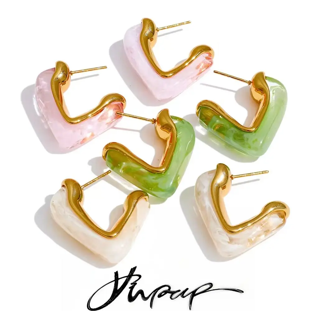 Yhpup Resin Acrylic C Shape Sweet Huggie Earrings for Women Stainless Steel Popular Versatile Jewelry Gift White Pink Green