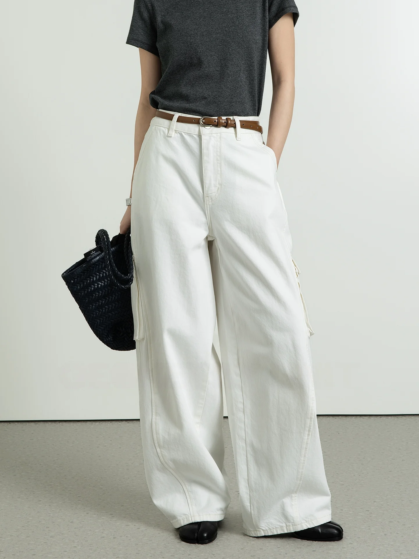 

Spring Summer White Wide Leg Knife Utility Pants High Waist Denim Jeans Women's Loose Fit Cotton Workwear Trousers