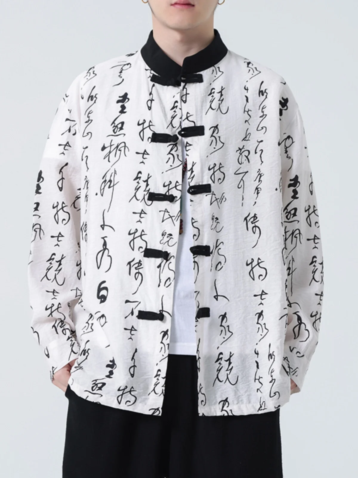 

Linen Cotton Shirt Men's Long Sleeve Spring Wind Coat High-End Sensation New Chinese Retro Button Tang Costume Loose Fit Printed