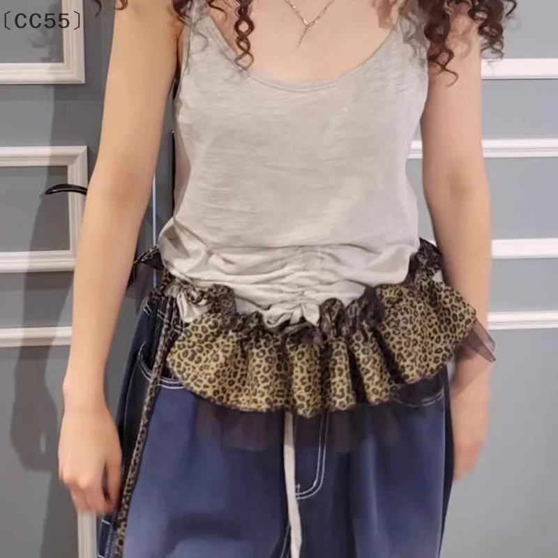 [CC55」 أزياء ريترو ليوبارد طباعة شبكة حزام المرأة شيك الدانتيل تكدرت طبقات تنورة الخصر