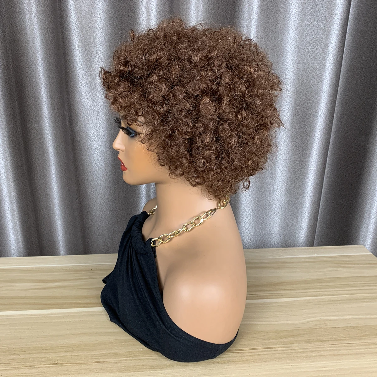 Ingwerfarbene lockige Pixie-Cut-Perücken # 33 Echthaar-Pixie-Cut-Perücken, 180% farbig, vollmaschinell gefertigte Echthaarperücken, einfach zu tragen, Hairugo – Detail 4