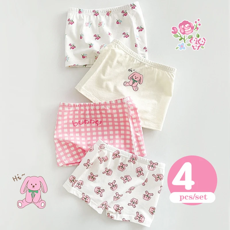 4 Pcs/Lot Kids Panties Cartoon Chirdren'S Underwear Lovely Girls Briefs Floral Grid Cute Pants Baby Cotton Underpants