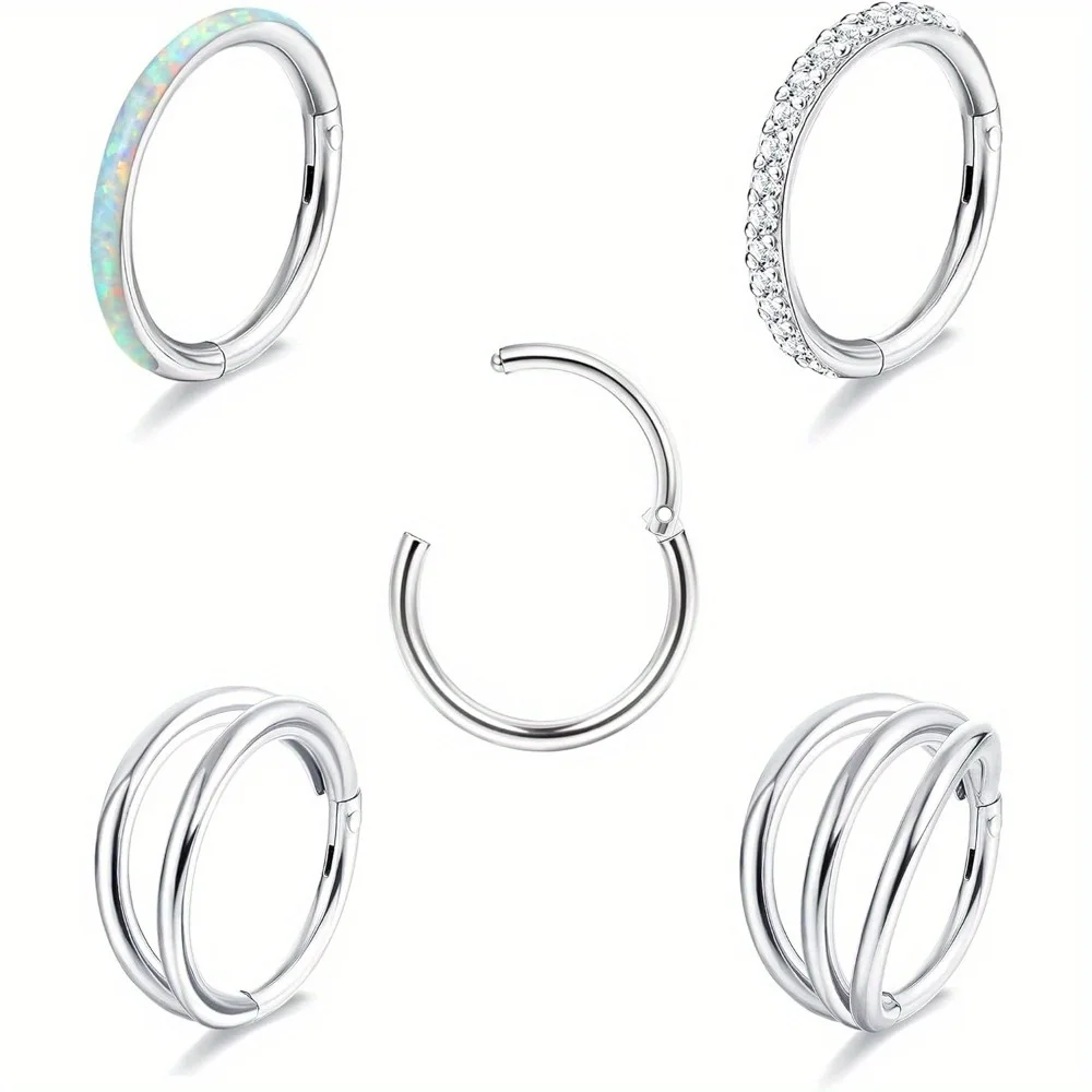 

DOLOTTA 1Pcs Surgical Steel Nose Rings Hoops Opal CZ Septum Rings Nose Ring Lip Helix Cartilage Conch Nose Body Piercing Jewelry