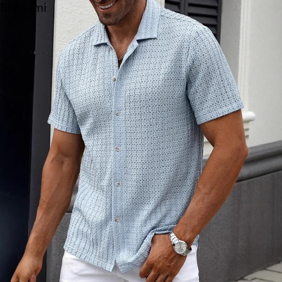 New Men's Casual Striped Shirt Lapel Solid Color Tops Casual Breathable Hollow Out Shirt Daily Leisure Short Sleeve Mesh Shirts