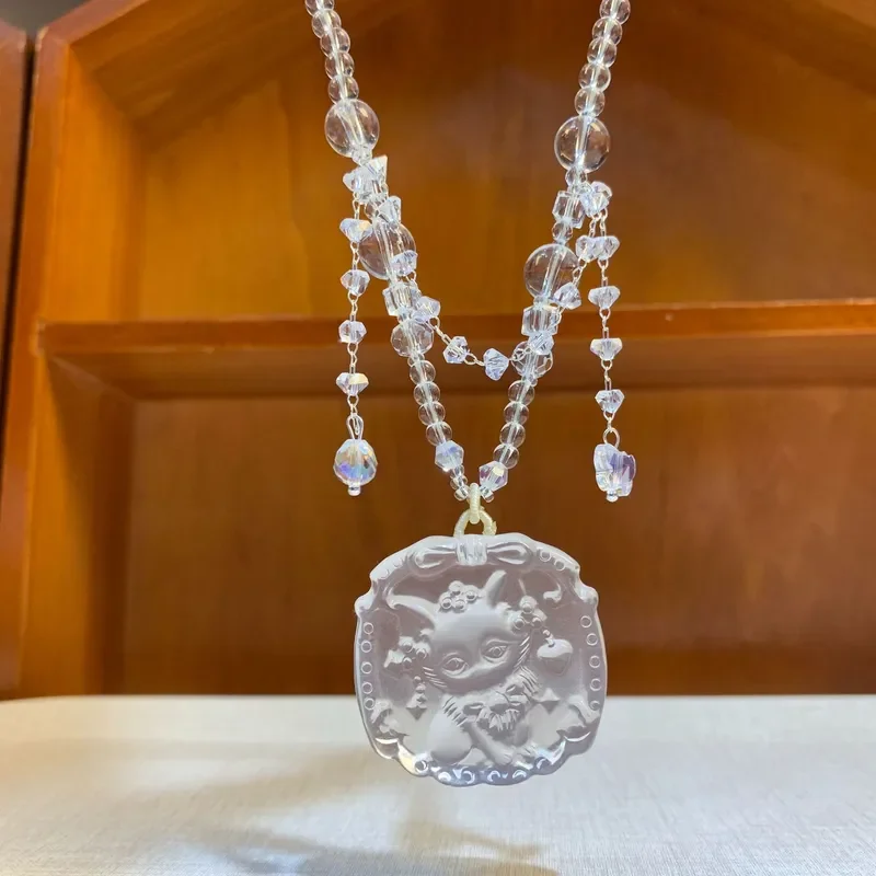 White crystal pendant, ice-through tassel, engraved crystal collarbone chain, niche light luxury jewelry, white crystal