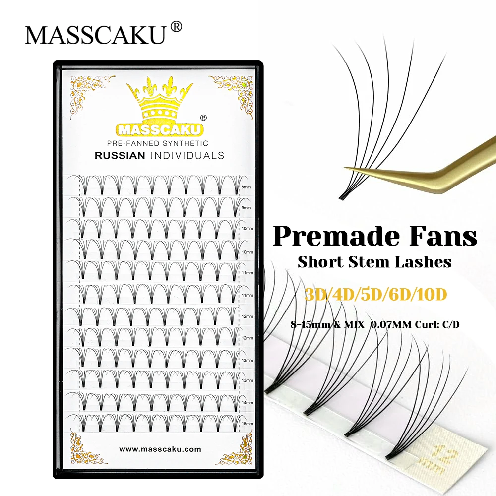 

MASSCAKU C D Curl Long-lasting Short Stem Premade Fans Eyelash Waterproof Lightweight Thin Root Makeup Lashes for Beauty Salon