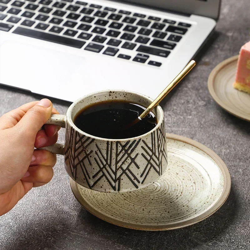 Ceramic Coffee Cup Suit, Japanese High-End Milk Tea Shop Cup, Retro Stoneware Cup and Saucer