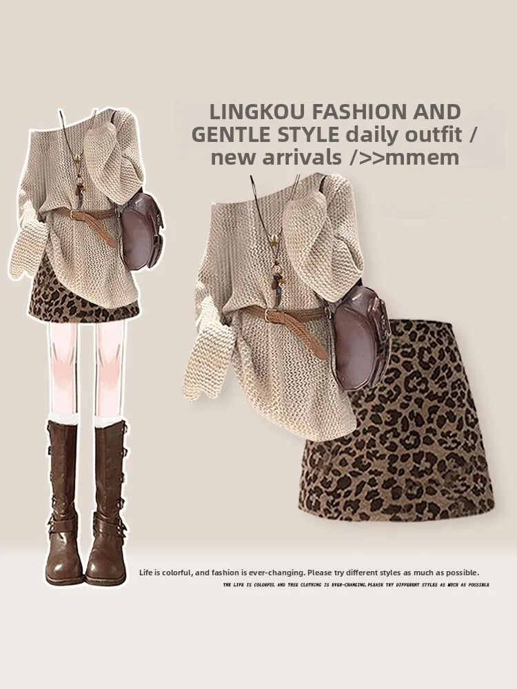 

Fashionable Large Size Spring Knitted Two-Piece Set Women's Vintage Shoulder-Bared Casual Style with Age-Defying Leopard Prin...