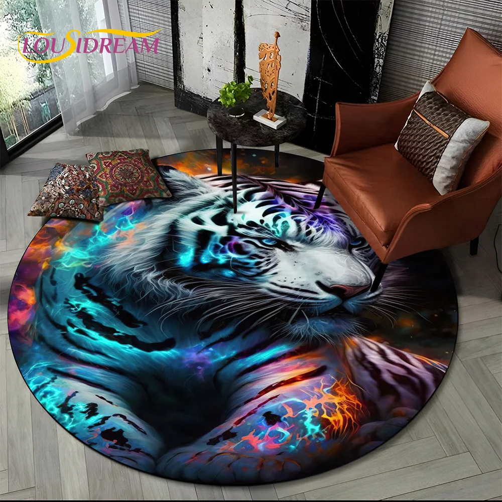 Beast Tiger Lion Leopard Animal Wildlife Cartoon Round Carpet Rug for Living Room Bedroom Child Decor,Pet Area Rug Non-slip Mat