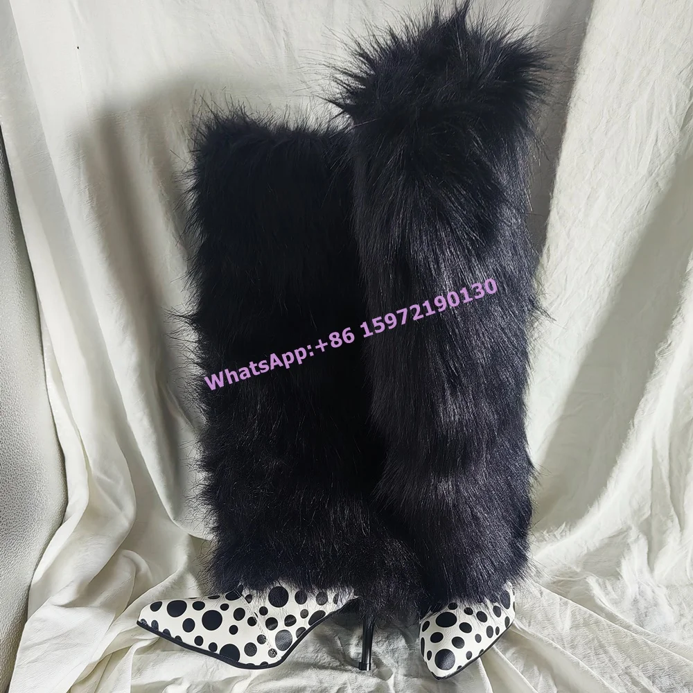 

Polka Dot Black Boots Long Soft Furry Pointy Toe Slip On Thin Heels Stiletto Knee High Boots Women's Winter Luxury Warm Shoes