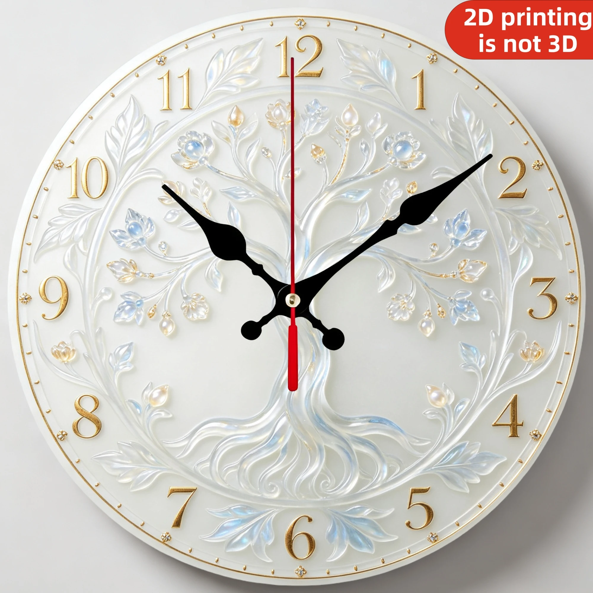 Ivory White Tree of Life Wooden Wall Clock, 10/12 Inch Round Wood Clock, Silent Non Ticking Quartz Movement, Pearl Relief Printed Home Decor