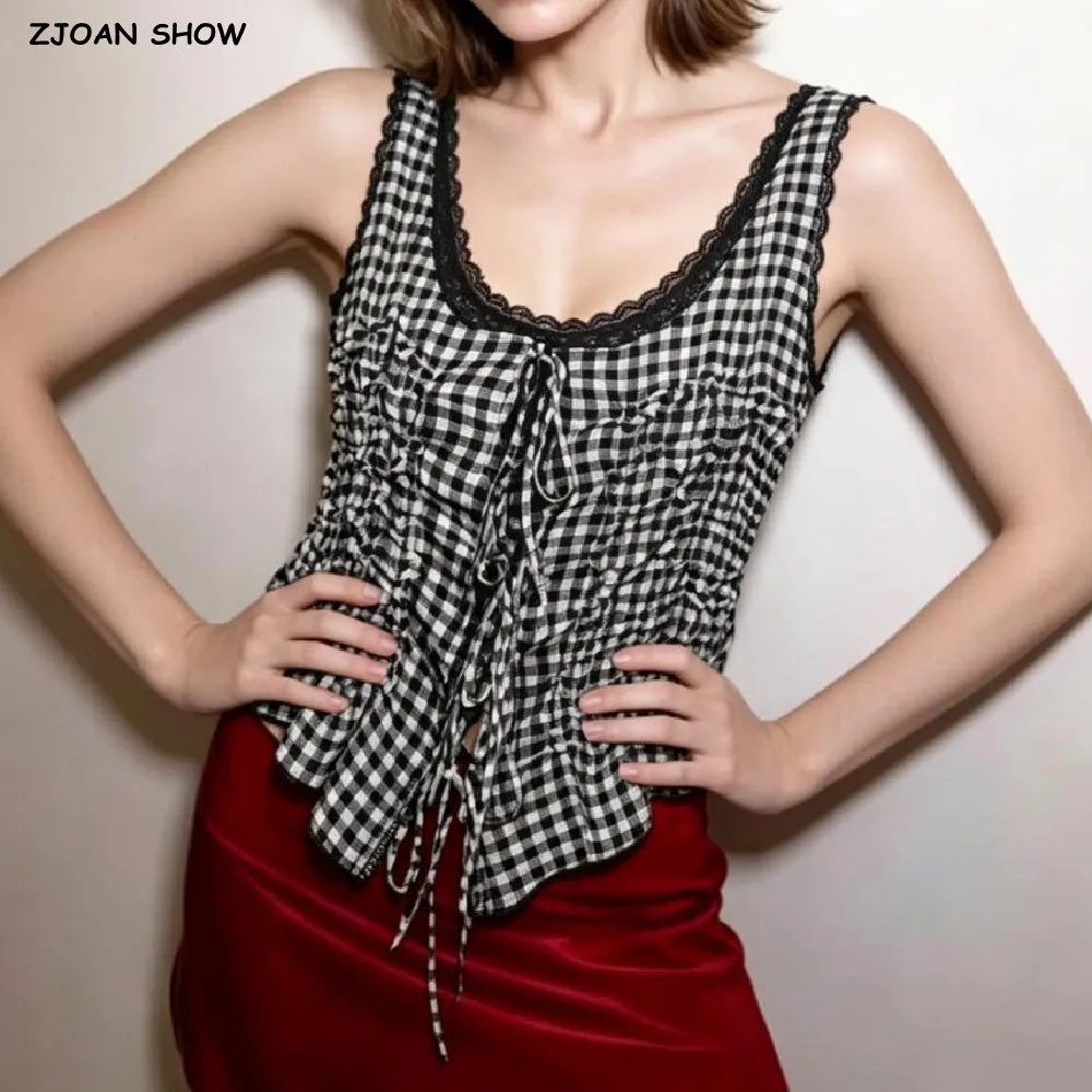 Women Black White Plaid Cross Lacing Up Bow Front Elastic Ruched Tank Tops Spliced Lace O neck Fold Slim Fit Crop Top Sexy
