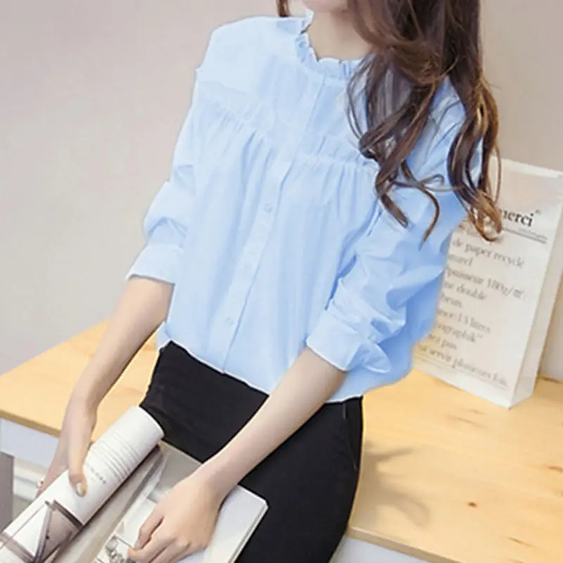 

Long Sleeve Shirts Womens Loose Fit Striped Tops Button Front Decorative Ruffles Lantern Sleeves Feminine Style Spring Wear