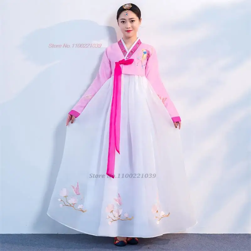 2025 traditional korean vintage dress hanbok flower embroidery dress woman elegant folk dance costume stage performance dress