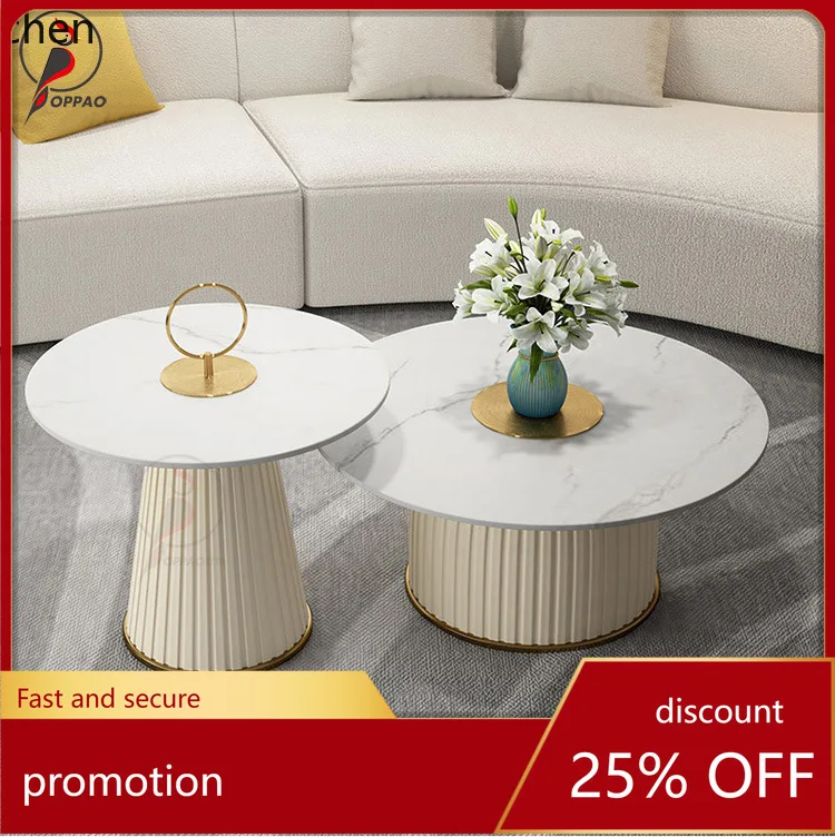 YFY New Nordic Style Stone Coffee Table for Living Room, Home Use, Light Luxury, Modern Small   Celebrity Round Shape
