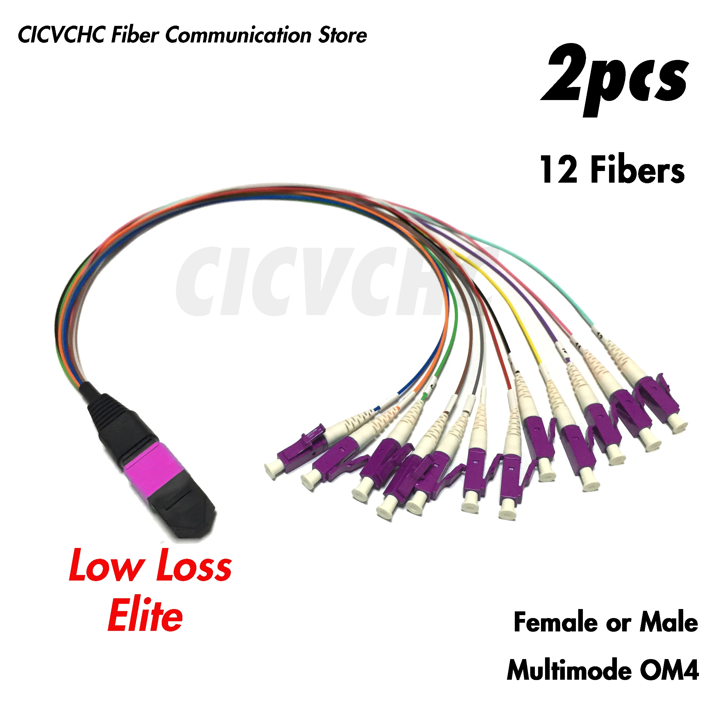 2pcs 12Fibers MPO/UPC - LC/UPC-Harness cable-MM OM4-0.35m 0.9mm colored tube-Elite/Low Loss-Male/Female