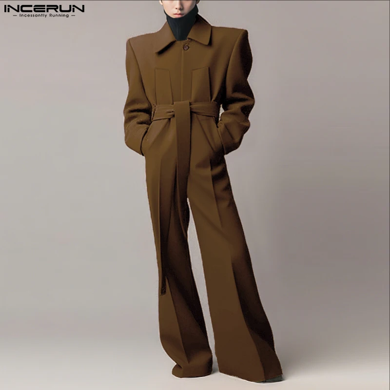 INCERUN Men Overalls Solid Color Lapel Long Sleeve Casual Wide Leg Jumpsuits Loose Streetwear 2025 Fashion Male Rompers S-5XL
