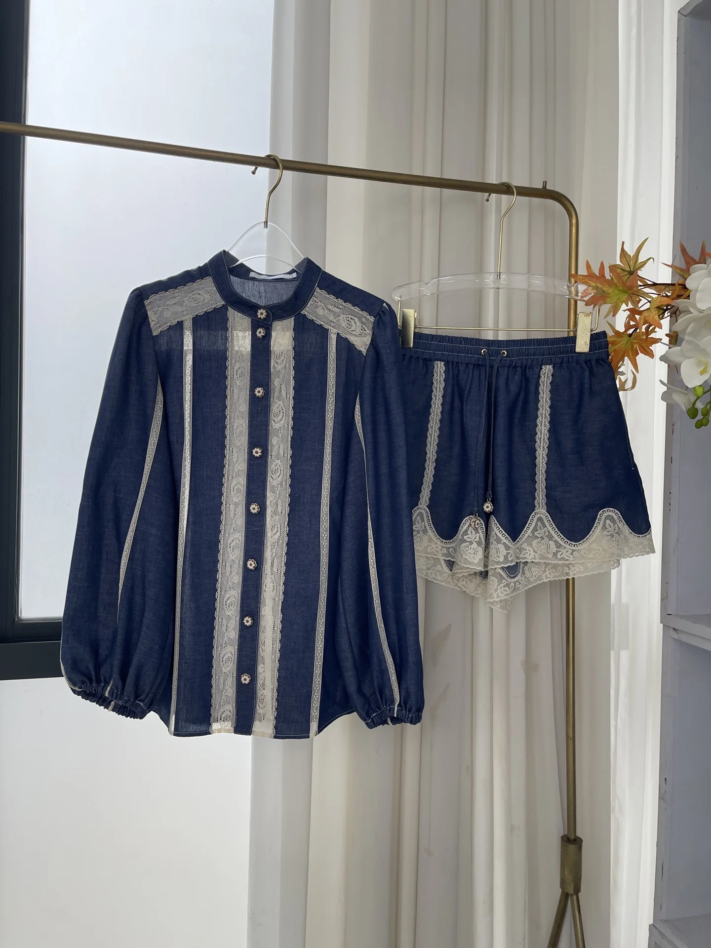

Cotton Blue Lace Long Sleeve Blouse Short Pants Set Women