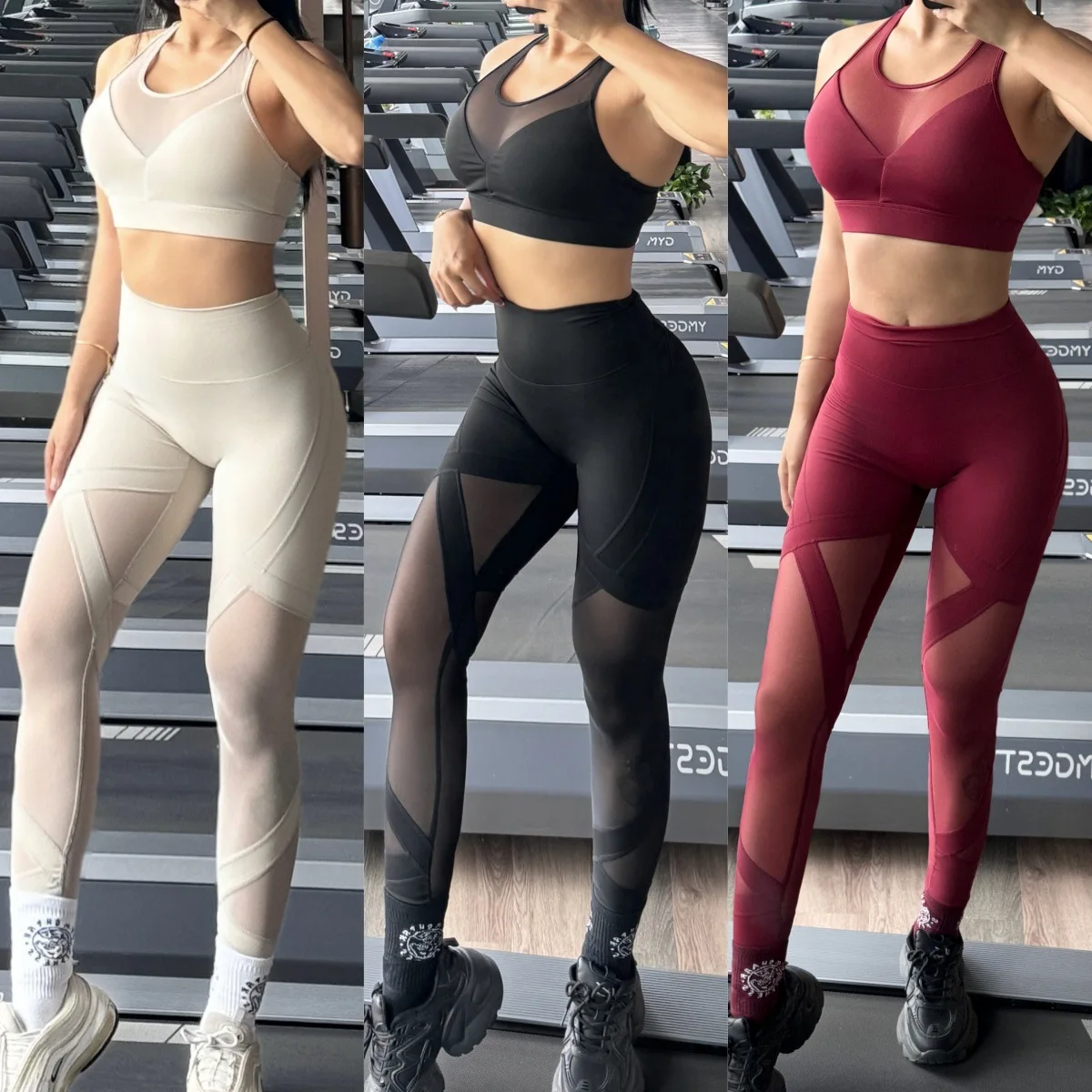 

Комплект сетчатого бюстгальтера, женские фитнес-йоги с высокой талией, кружевные узкие брюки телесного цвета, дышащие