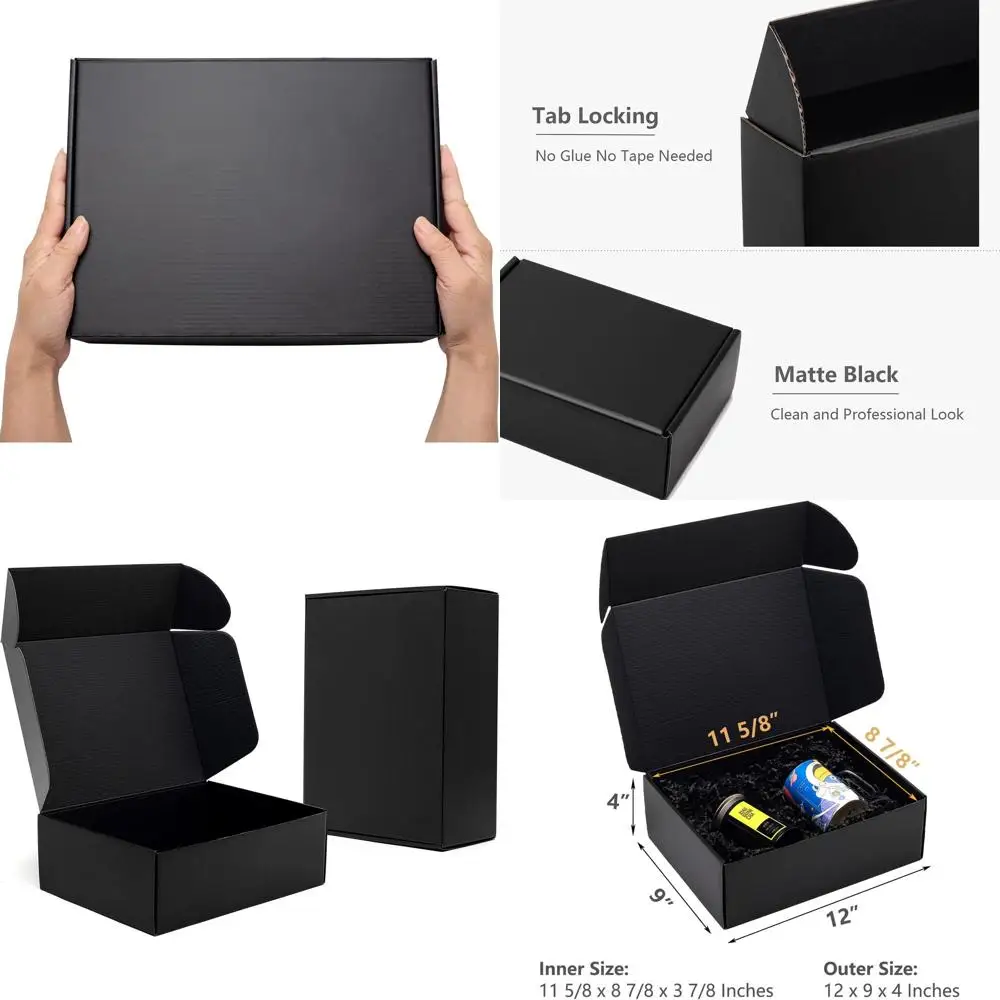 

Набор из 20 черных картонных почтовых коробок 12x9x4 дюйма с защелкивающимися клапанами для малого бизнеса или упаковки книг