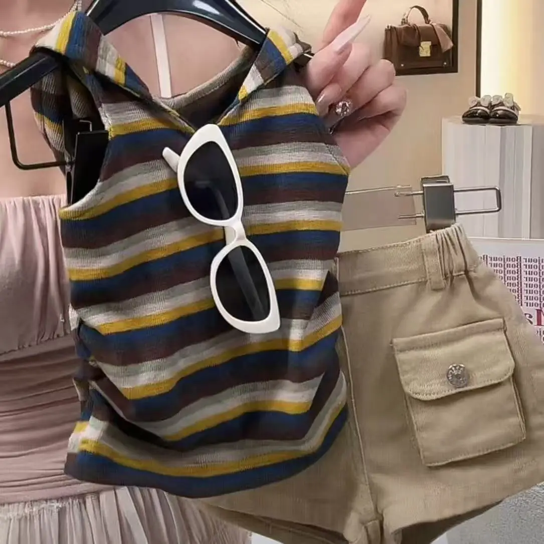 

Summer Sweet Cool Set 2026 New Fashionable Summer Dress Sleeveless Girls' Versatile Retro Striped Hooded Tank Top Shorts