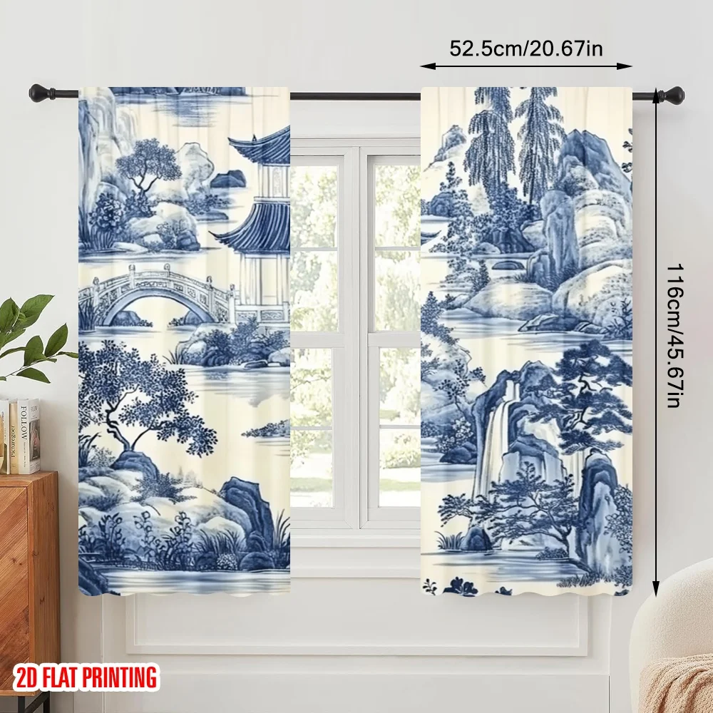 2pcs,2D plane printing Creative Curtains Serene Pagoda Scene Versatile Durable Polyester (without rod) Decorations For Home