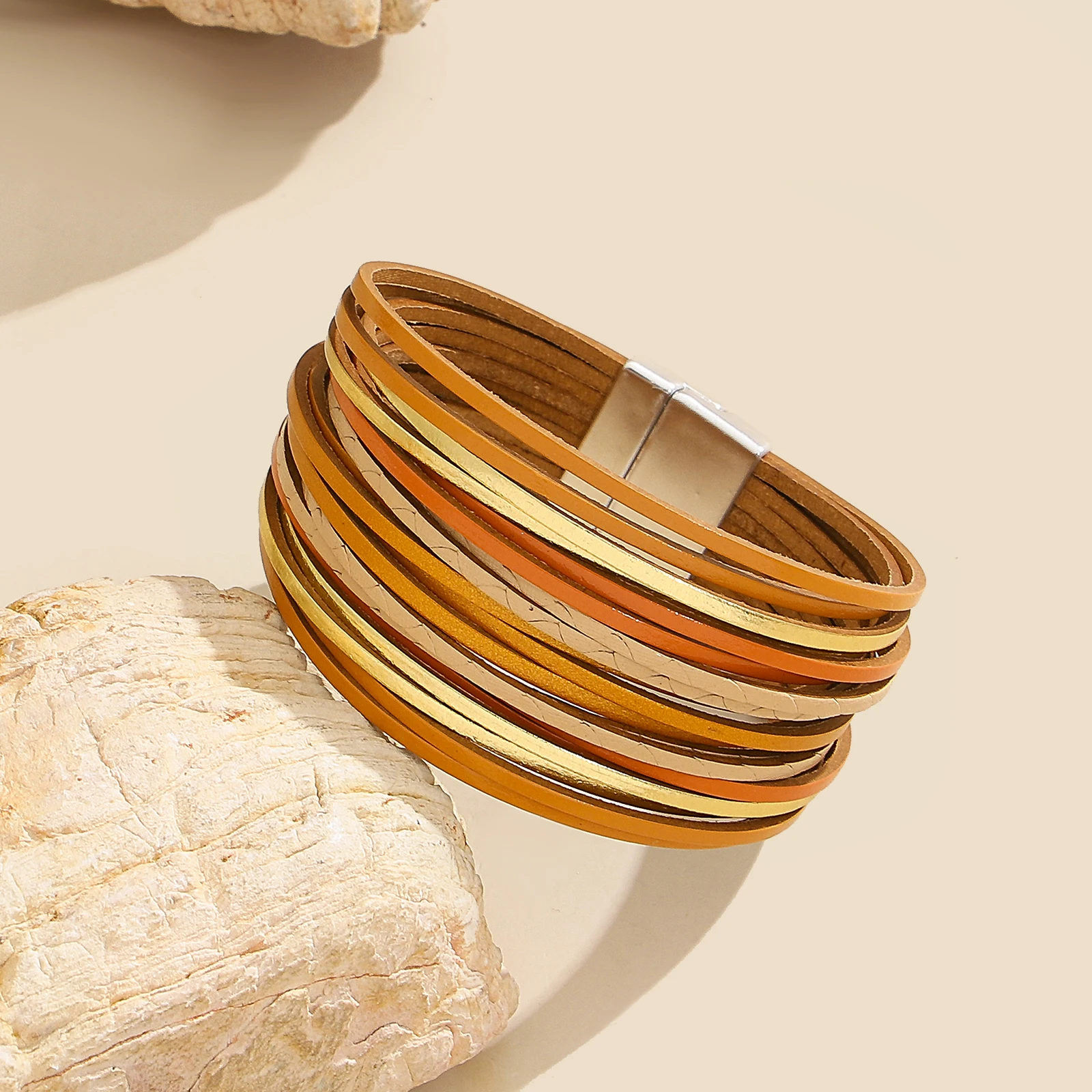 

Amorcome Classic Shiny Gold Color Leather Bracelet for Women Multilayer Thin Chain Magnetic Buckle Bracelet Daily Wear Jewelry