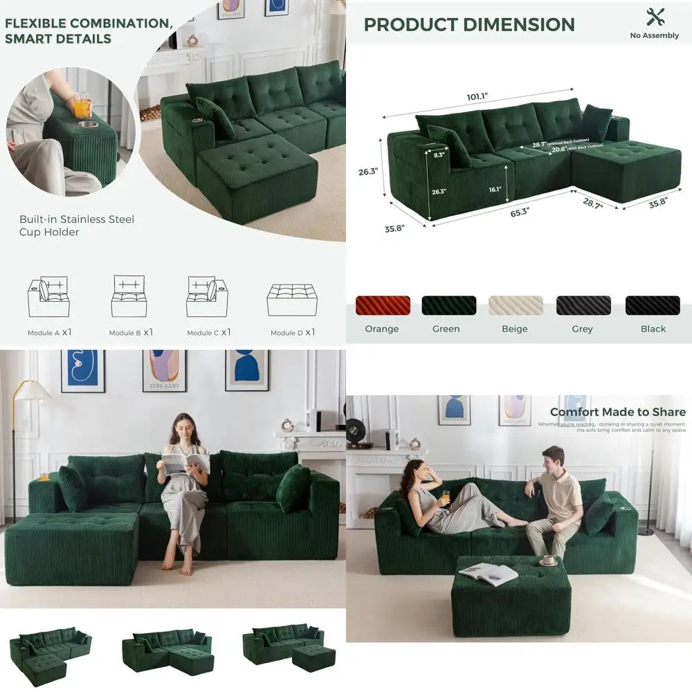 Sofá Seccional Modular en Forma de L, Sofá Moderno Estilo Nube con 1 Otomana, Sofá en Caja, Sillón Cama sin Estructura de 4 Plazas con Botones