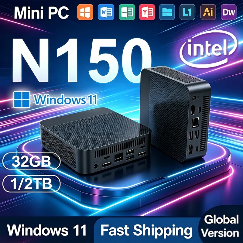 2026 Portable Mini PC Intel N150 Mini PC High‑Performance 32GB RAM 1TB 2TB SSD WIFI6 BT5.2 4K 60Hz HD Gaming Office Study PC