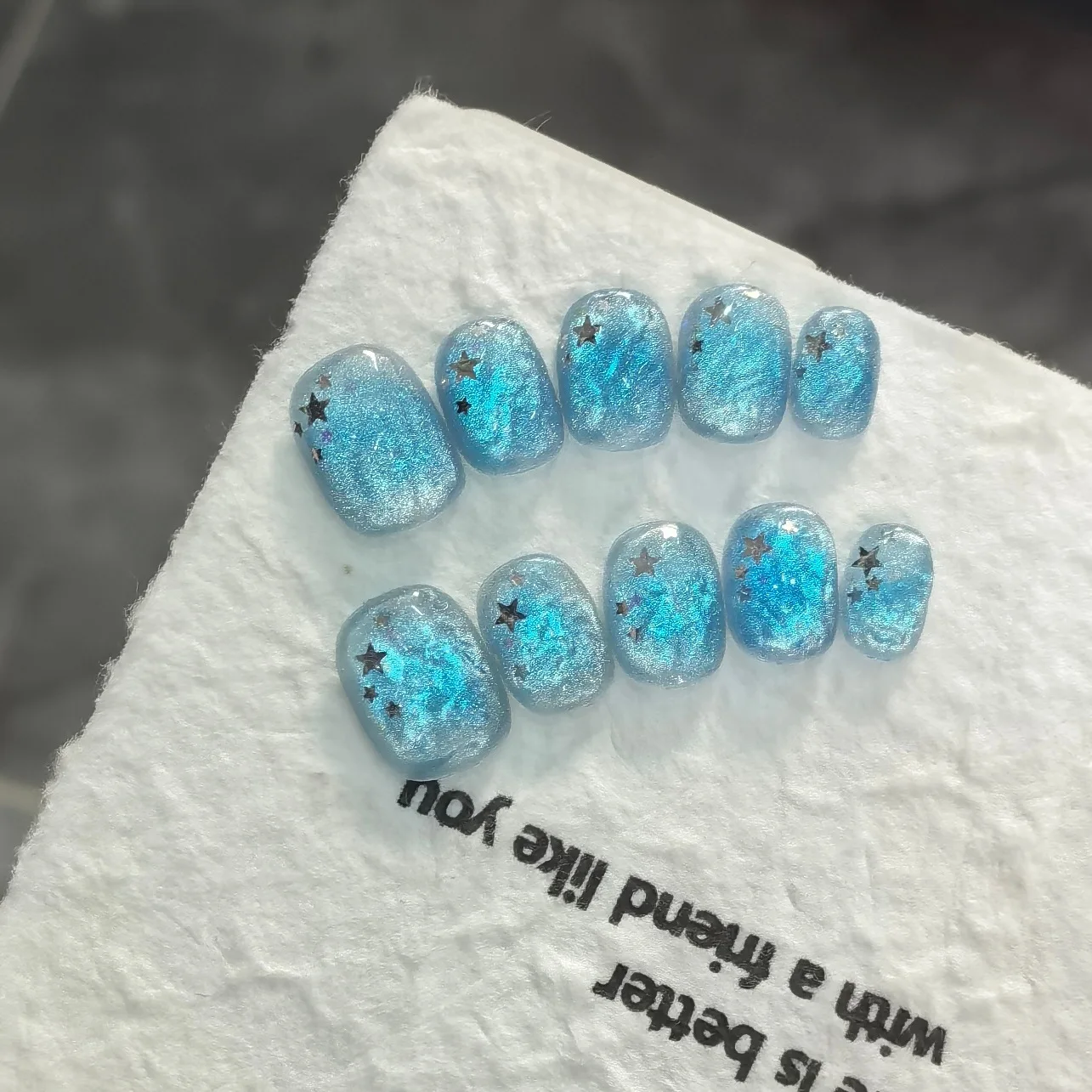 

10pcs Handmade Press on Nail Ice Blue Ocean 2025 New Ice Penetration Texture Whitening Advanced Sense Pure Handmade Wearing Nail