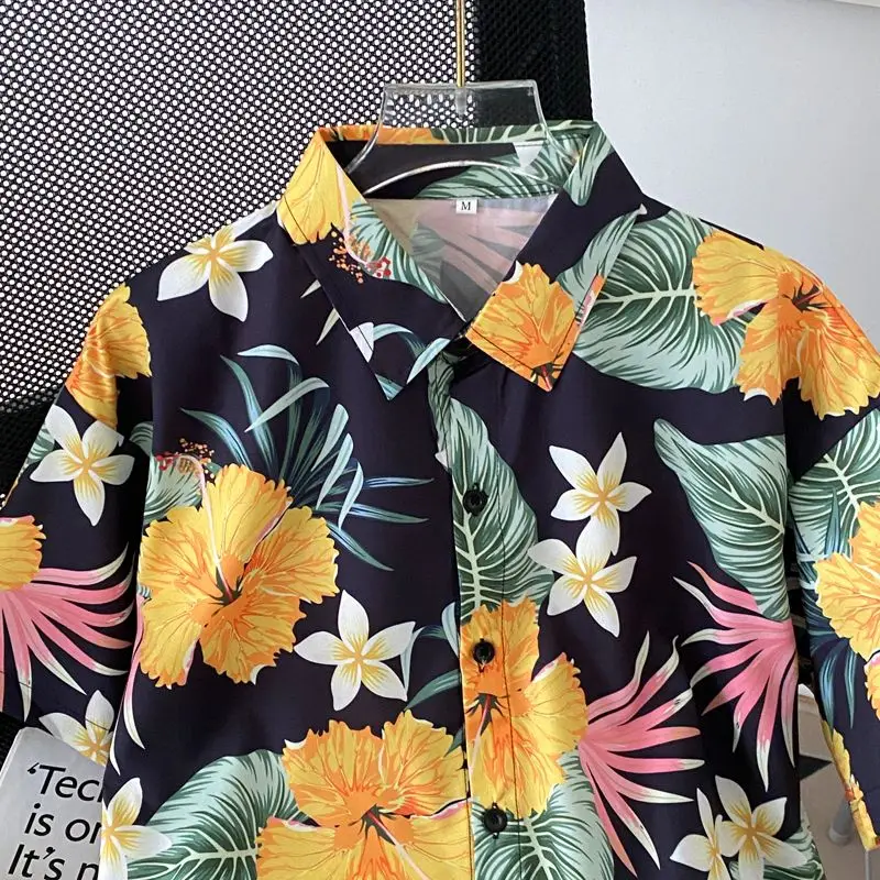 Retro Hong Kong Sle ort Sve Floral Print Loose Fit Versatile irt  Collar Polyester Fiber Summer New Arrival