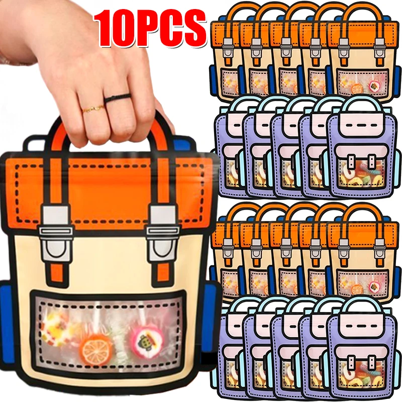 10/1pcs Cute Schoolbag Shape Candy Bags Plastic Zipper Self-lock Hangbags Cartoon Present Packaging Birthday Party Decors Gifts